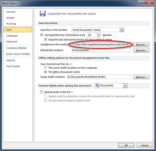 AutoRecover File Location in Word 2007