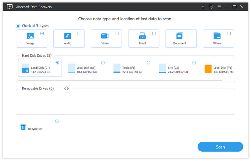 Choose data type and location to recover