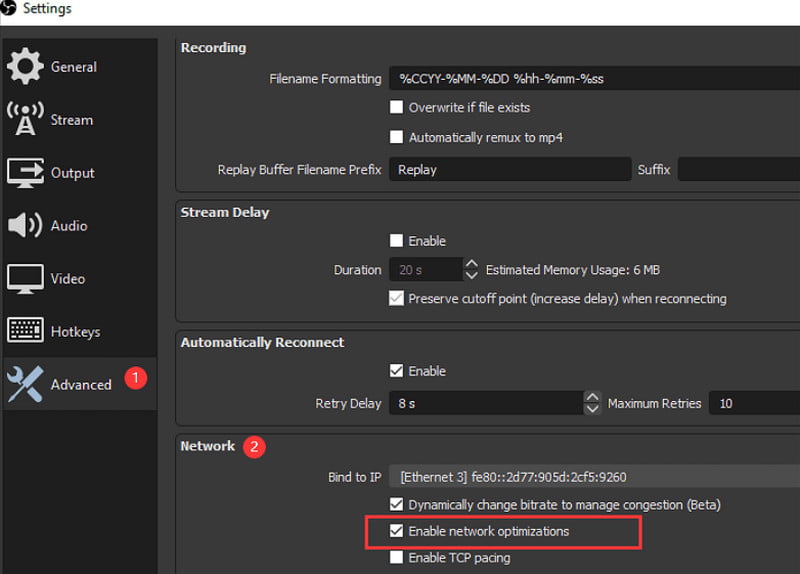 OBS Settings Advanced Enable Network Optimizations